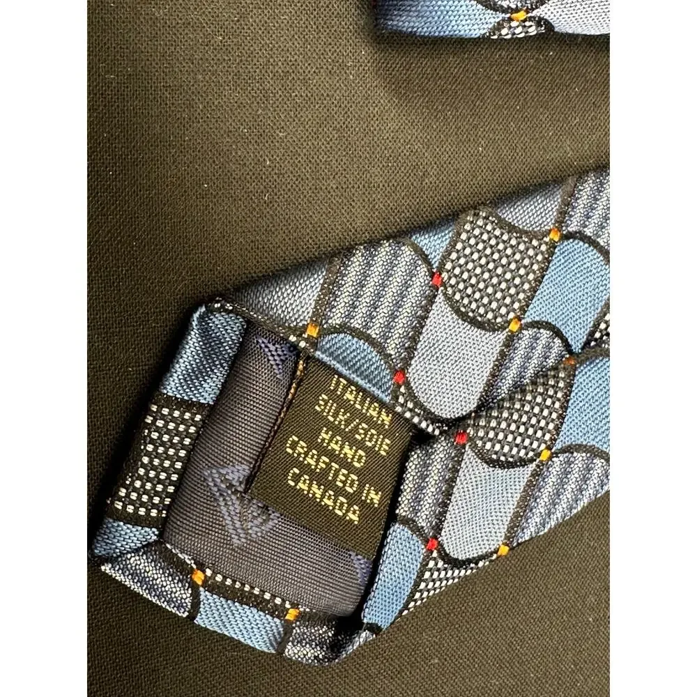 Dion Signature 100% Silk Tie Geometric Squares Pattern in Blue Black and Orange